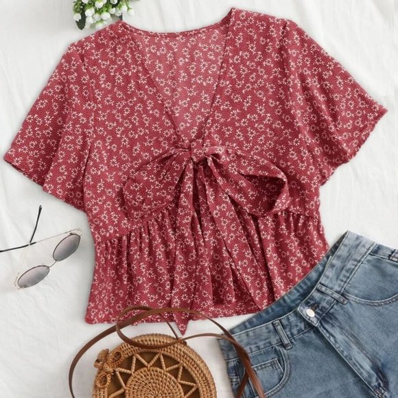 MODA ME COUTURE Tops - Boho Floral print front tie babydoll peplum crop top ROSE RED